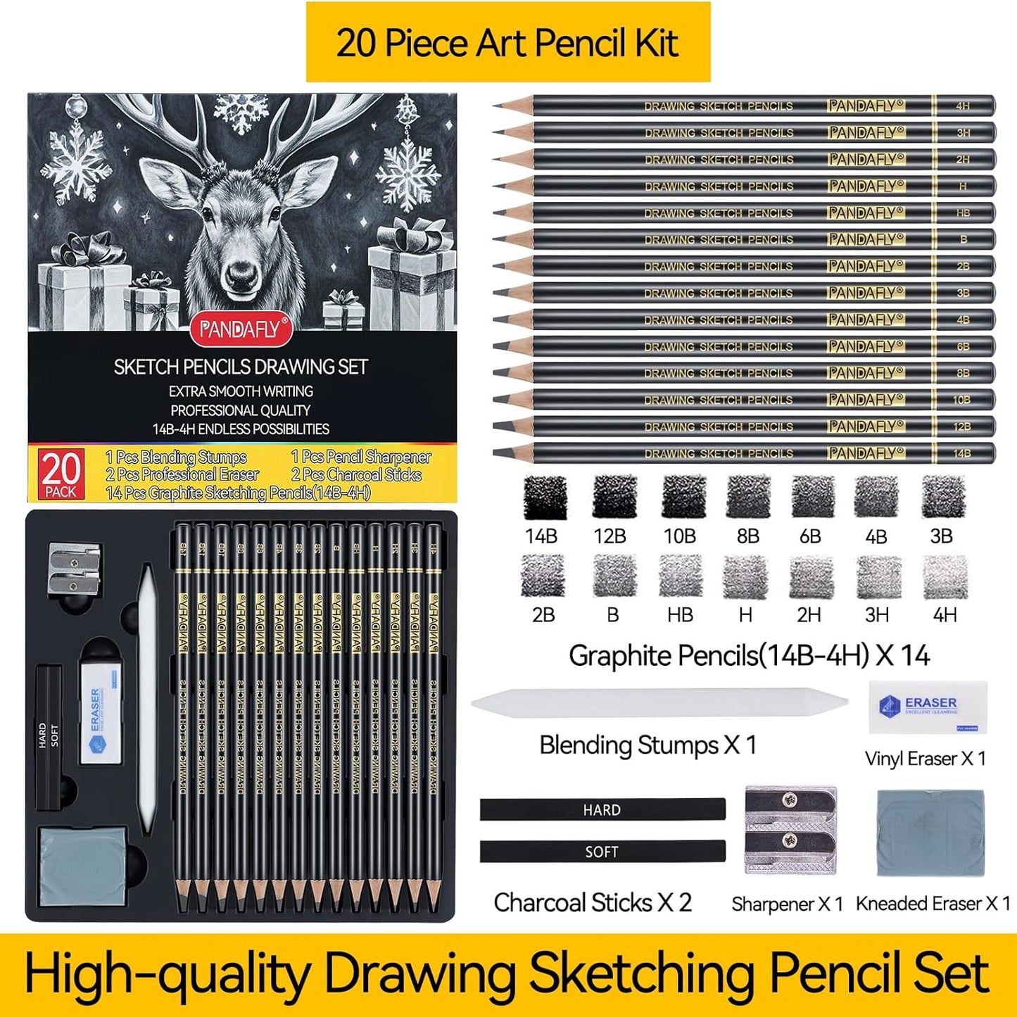 PANDAFLY 20-Piece Professional Sketch Pencil Set - Includes 4H to 14B Graphite Pencils, Charcoal Sticks, Vinyl Eraser, Kneaded Eraser, Sharpener, Blending Stump - Ideal for Artists and Beginners