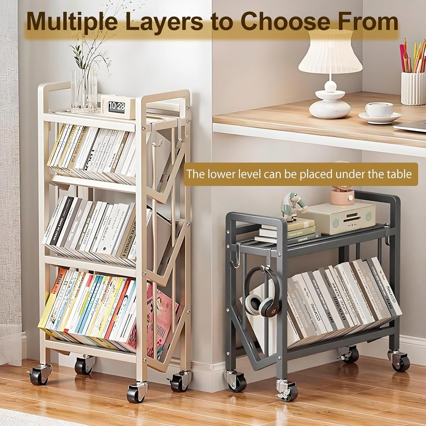 Bookshelf Movable Book Cart Multi-Layer Storage Rack Large-Capacity Rolling Cart L-Shaped Carbon Steel Shelf Suitable for Storing Books, Magazines, Newspapers, Shoes