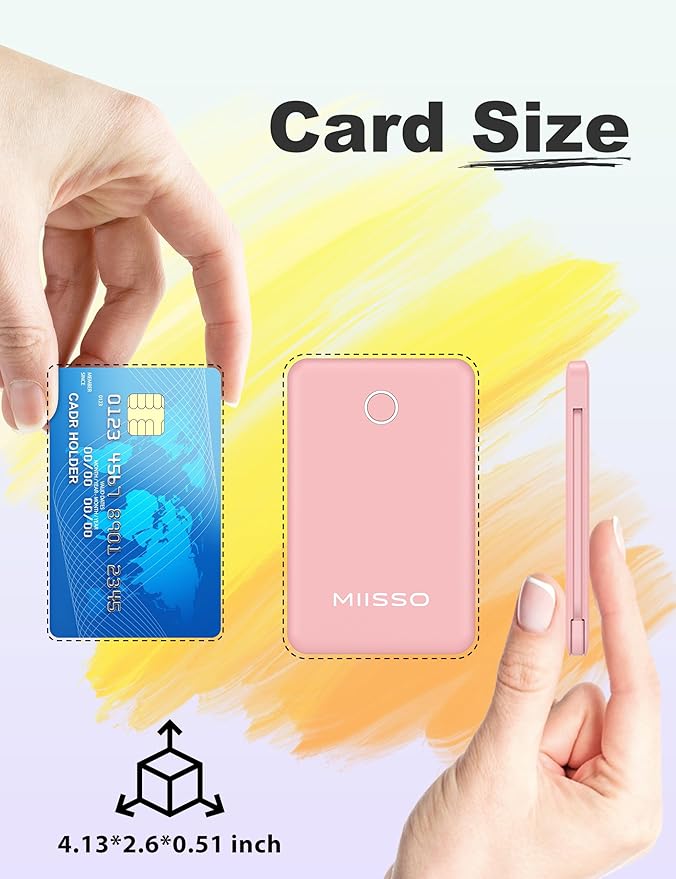 miisso 6000mah Ultra Slim Built in Cables Power Bank, Card Size Built in USB C Cords Battery Pack Portable Charger for Phones, 3 Output External Battery Pack Compatible with iPhone, Samsung, Pink