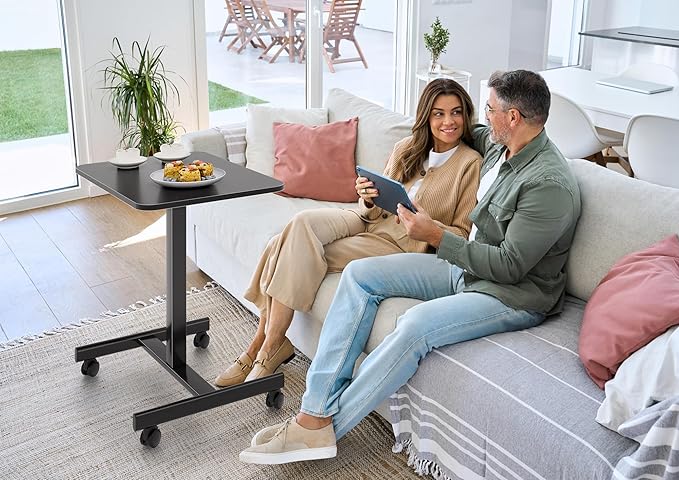 BONTEC Mobile Standing Desk Adjustable Height, Rolling Laptop Cart with Hook, Portable Workstation with Pneumatic Lift, Ergonomic Table with Wheels, Compact Home Office Desk, Black, 25.6" x 18.9"