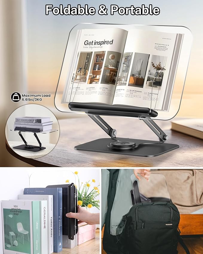 ASIEIT Book Stand for Reading, Acrylic Adjustable Book Holder with 360° Rotating Bases & Elastic Page Clips, Foldable Multifunctional Display Stand for Bible, Laptop, Recipe, Tablets, Textbook