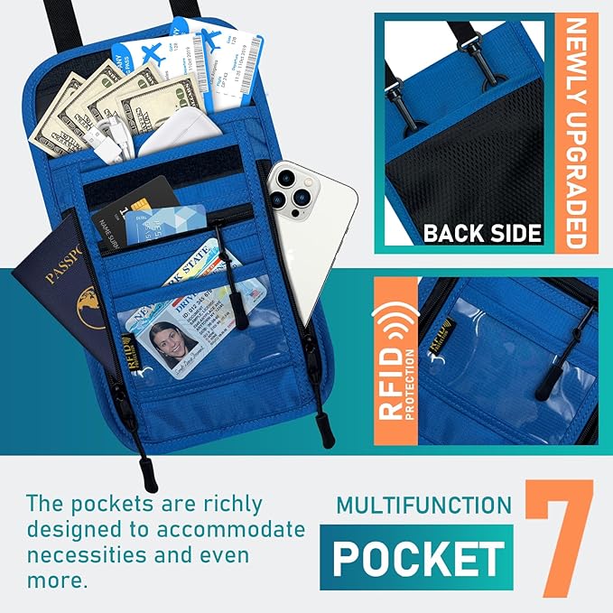 sundee Travel Neck Wallet with Double Zippers, RFID Blocking Passport Holder with Adjustable Neck Strap for Men and Women to Keep Cash, Credit Cards and Travel Documents Safe - Dark Blue