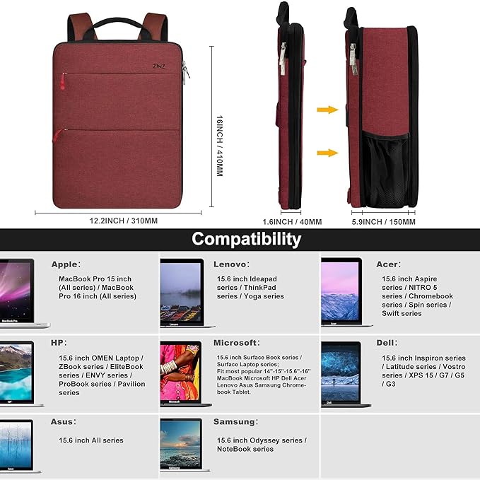 ZINZ Slim & Expandable Laptop Backpack 15 15.6 16 Inch Sleeve with USB Port, Spill-Resistant Notebooks Bag Case for Most 14-16 Inch MacBooks Surface-Books Dell HP Lenovo Asus Computers,RD01BK01