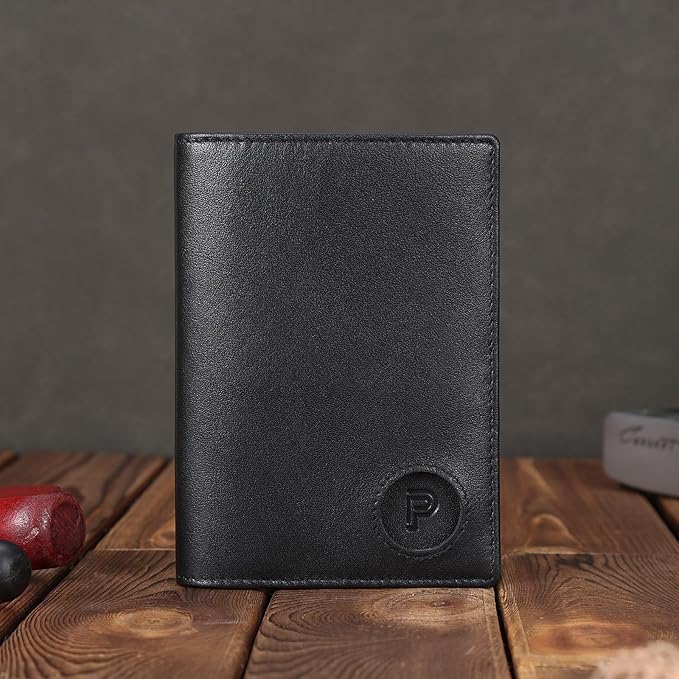 Polare Slim RFID Blocking Leather Passport Holder Travel Bifold Wallet For Men (Black with AirTag Holder)