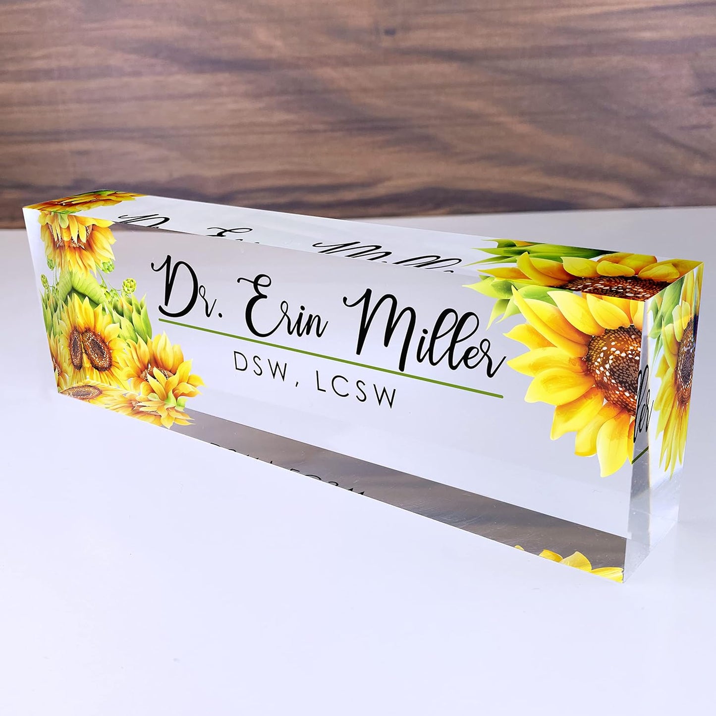 Artblox Office Desk Name Plate Personalized | Custom Name Plates for Desks | Sunflowers Design On Clear Acrylic Glass | Office Desk Decor - (8" x 2.5")