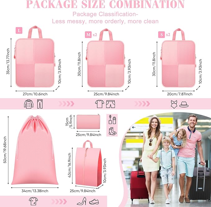 8 Set Compression Packing Cubes for Travel, Expandable Waterproof Travel Organizer, Lightweight Luggage Organizer with Shoes & Laundry Bags, Travel Accessories for Men Women, Pink