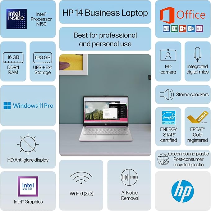 HP 14” Flagship Laptop 2025 AI-Powered Computer, Office Lifetime, Student Business, 4-Core Intel CPU, 16GB RAM 628GB Storage (128GB UFS+ 500GB Ext), Long Battery HubxcelAccessory Win 11 Pro Lavender