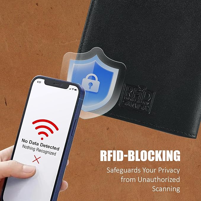 STAR VISTA Phoenix Leather Passport Holder, Calfskin Travel Wallet - RFID Blocking, ID Window, Zipper Pocket, Pen & Notebook Included, AirTag Holder, Black