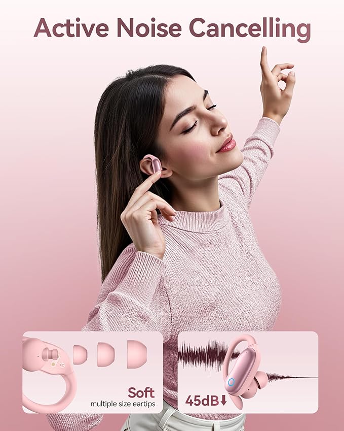 GNMN Active Noise Canceling Ear Buds Wireless Earbuds 96hrs Playback Bluetooth Headphones IPX7 Waterproof Stereo Bass Over-Ear Earphones with Earhooks Microphone LED Battery Display for Sports/Workout