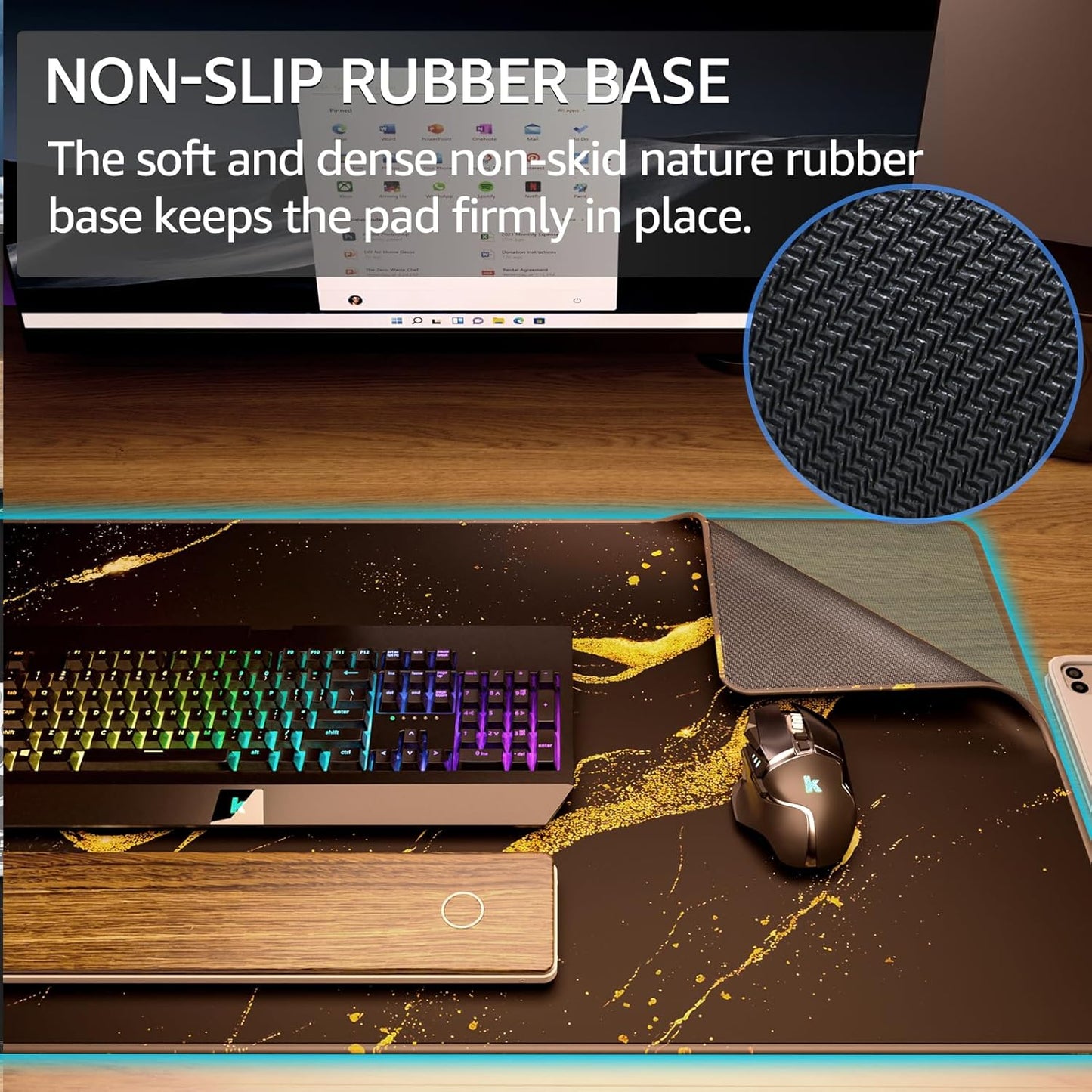 KTRIO Large Gaming Mouse Pad with Stitched Edges, Extended Mousepad with Superior Micro-Weave Cloth, Non-Slip Base, Water Resist Keyboard Pad for Gamer, Office & Home, 31.5x15.7in, Black Gold