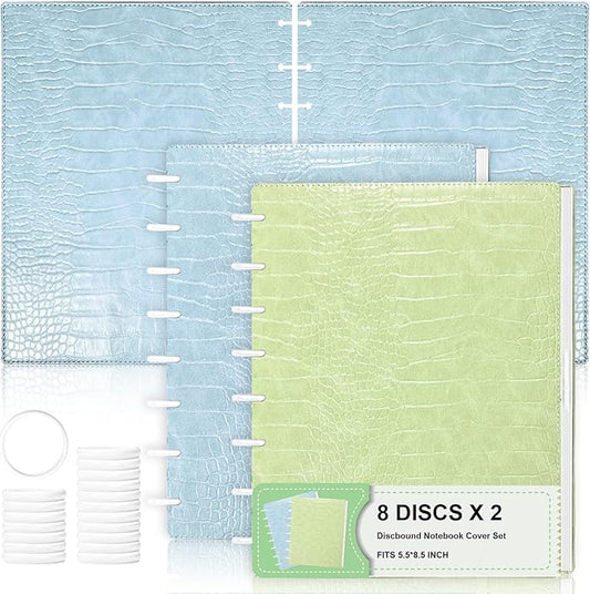 2 Pack Pu Leather 5.5x8.5in Discbound Notebook Cover And Disc Set Discbound Planner Cover With 16 Pcs Expansion Discs Junior Size Disc Bound Notebook Accessories(Blue&Green;No Inner Paper)