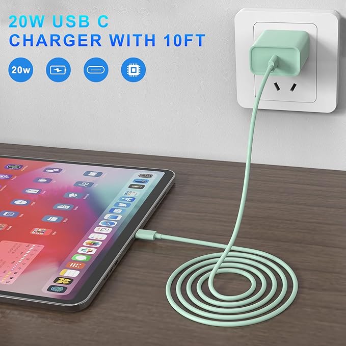 iPhone 17 16 15 Charger Fast Charging, 3 Pack PD 20W USB C Charger with 10FT Cord, USB C Cable Type C Chargers Block for iPhone 17/17 Pro/17 Pro Max/16/16 Plus/16 Pro/16 Pro Max/15/15 Pro（Green）