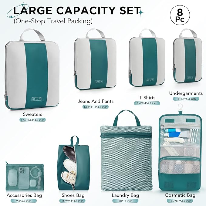 8 Set Compression Packing Cubes for Travel Essentials,Compressible Expandable Packing Cubes for Suitcase,OlarHike Luggage Organizer Bags for Travel,Handy Helper for Organizing Clothes(Dark Blue Green)