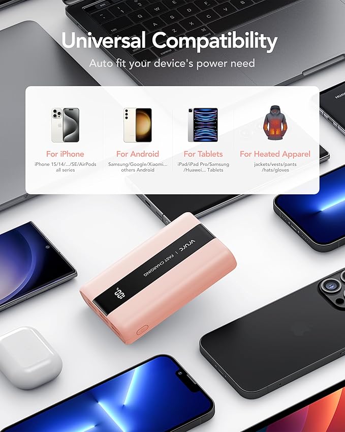 VRURC Portable Charger, 20000mAh Mini Power Bank,22.5W Fast Charging Battery Pack USB C, Small Travel Charging Bank with 4 Outputs Compatible iPhone 16 15 14 13,Samsung,Android,etc-Pink