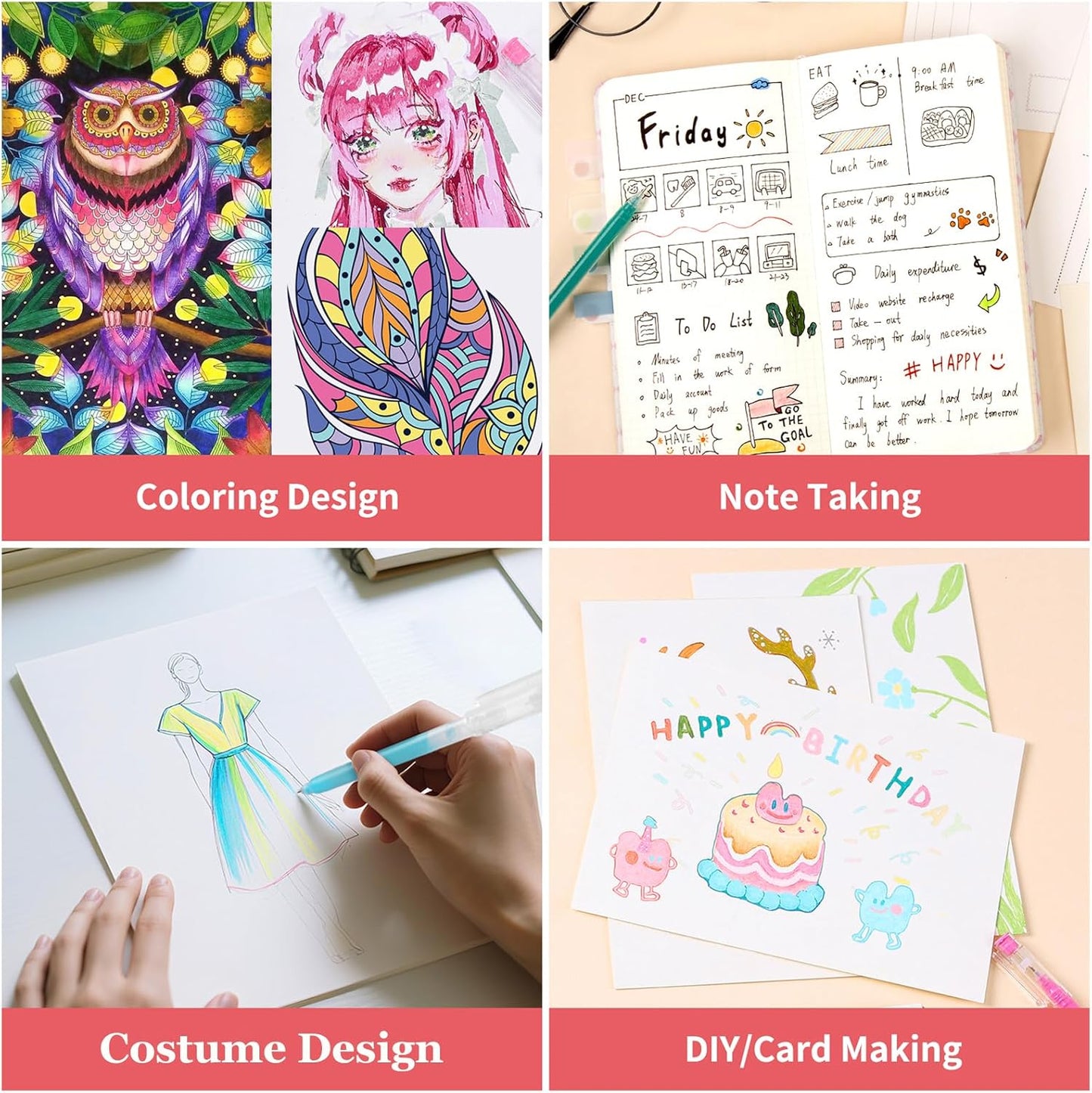 Gel Pens For Coloring, 18 Pack Colored Pens for Black Paper & White Paper, 0.6MM Fine Point Pens for Coloring, Writing, Drawing, Journaling, Note Taking, School, Office, Home