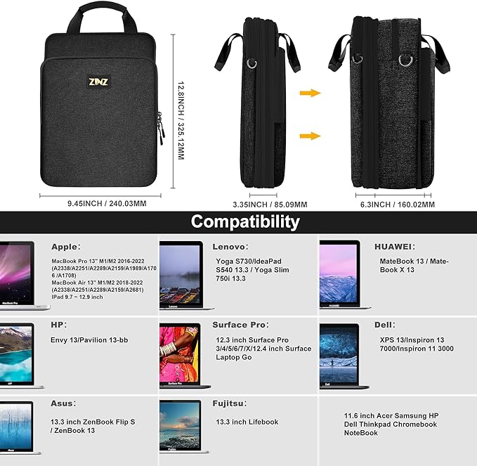 ZINZ Slim & Expandable Case 12.9 13 inch Travel Laptop Shoulder Bag for MacBook Air 13" M3/M2/M1, MacBook Pro 13" M2/M1, iPad Pro 12.9"/13"/11", iPad Air 13",B01K07