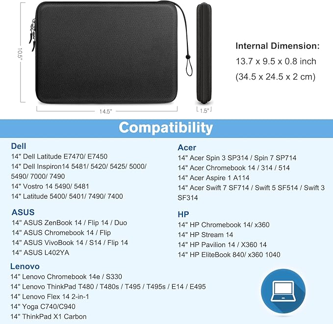 FINPAC 14-inch Hard Laptop Sleeve Case Compatible with Acer Chromebook Lenovo, HP, ASUS, Dell, Acer Laptop Notebook Ultrabook, Water-Resistant Shockproof Computer Bag, Black