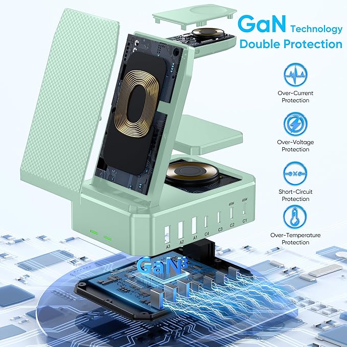 300W Charging Station for Multiple Devices Apple, Zutspzss 10 in 1 Wireless Charger for iPhone 16, GaN III USB C 65W PD Fast Charging Stand Dock for MacBook, Apple Watch&Airpods,Green