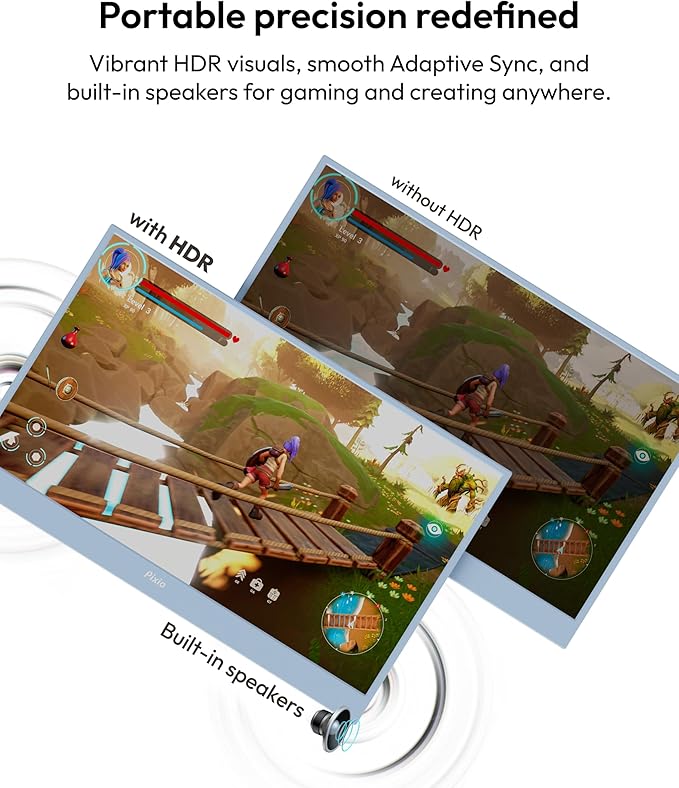 Pixio PX160 Wave Blue Portable Monitor 15.6 inch 60Hz FHD 1080p IPS Panel HDR Screen Cover Stand USB-C HDMI Laptop Screen Extender Portable Monitor for Laptop, PC, Console, Phone