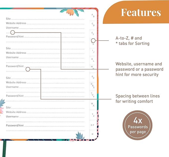 Rileys & Co. Password Book with Alphabetical Tabs, Password Keeper, Password Books for Seniors, Password Notebook for Internet Login, Website, Username (8 x 6 Inches, Floral)