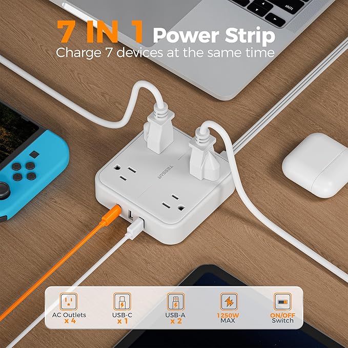 Surge Protector Flat Extension Cord 5FT, TESSAN Flat Plug Power Strip with 4 Outlets 3 USB C Ports (1 USB C), 900 Joules Protection, Multiple Wall Outlet Extender Suitable for Home Office Dorm, White