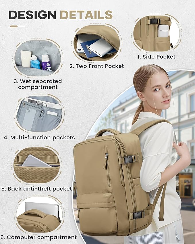 Vacuum Travel Backpack with Pump for Women,Personal Item Carry on Backpacks Flight Approved 18x14x8 inches for Men,Laptop Waterproof Work Compression bags Casual Daypack Khaki