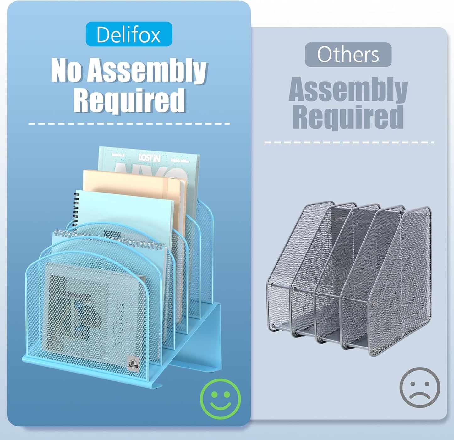 2Pack Inclined Desk File Organizer, 5-Section Vertical File Folder Holder Stand Metal Rack File Sorter for Office Classroom Desktop Organization,Blue