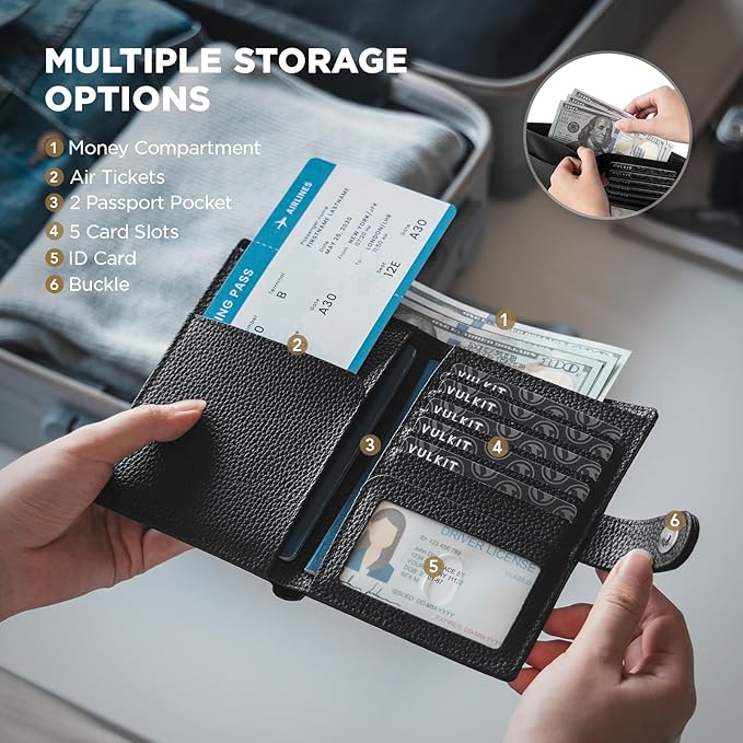 VULKIT Leather Passport Travel Wallet for 2 Passports Slim Double Passport Holder RFID Blocking with ID Window for Women or Men