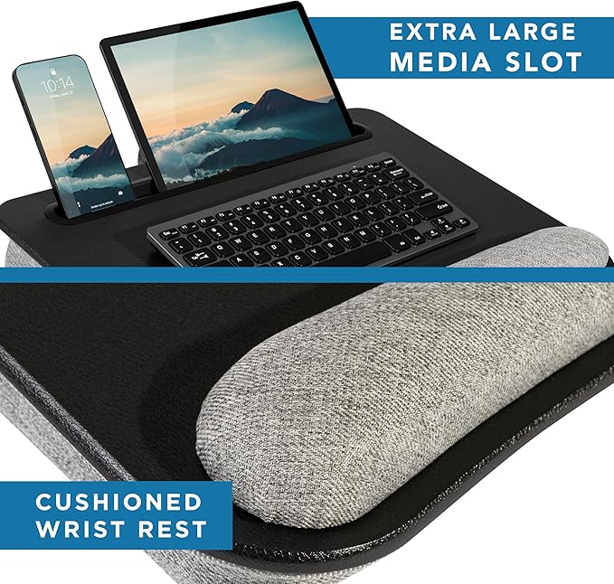 LAPGEAR Portable Laptop Lap Desk with Pillow Cushion, Anti-Slip Strip, Tablet or Phone Storage Slot, Pen and Pencil Pocket, and Wrist Rest - Black - Fits up to 15.6 Inch Laptops - Style No. 91348