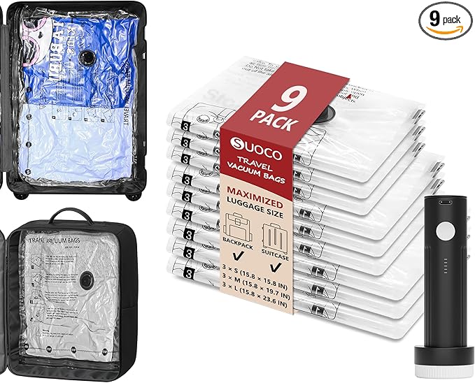 SUOCO Travel Vacuum Seal Bags for Clothing with Rechargeable Electric Pump, 9 Pack Compression Packing Bags for Luggage Suitcase Backpack, Carry-on Size Space Saver Storage