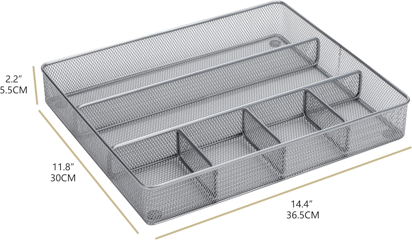 Annova Desk Top Organizer Tray for Office Organization - Metal Mesh - Storage Tray with Dividers for Pens, Desktop Accessories, Bathroom, Kitchen, Makeup and Office Supplies (Large, Silver)