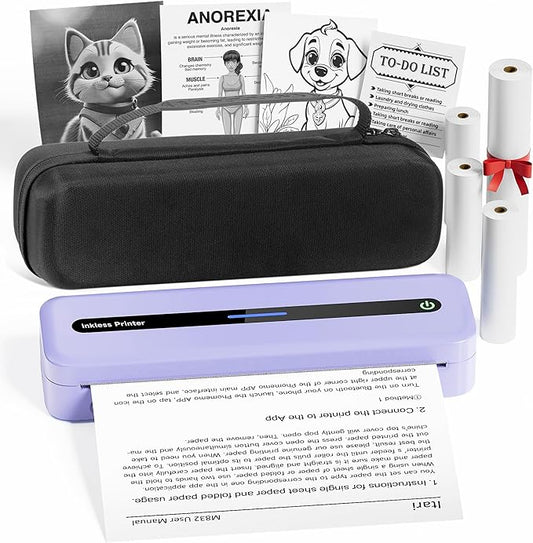Itari M832 Portable Printer for Travel with Case and 4 Rolls Paper, Inkless Thermal Printer, Support 8.5" x 11" A4 & US Letter, Wireless Compatible with iPhone, Android, Laptop, Purple
