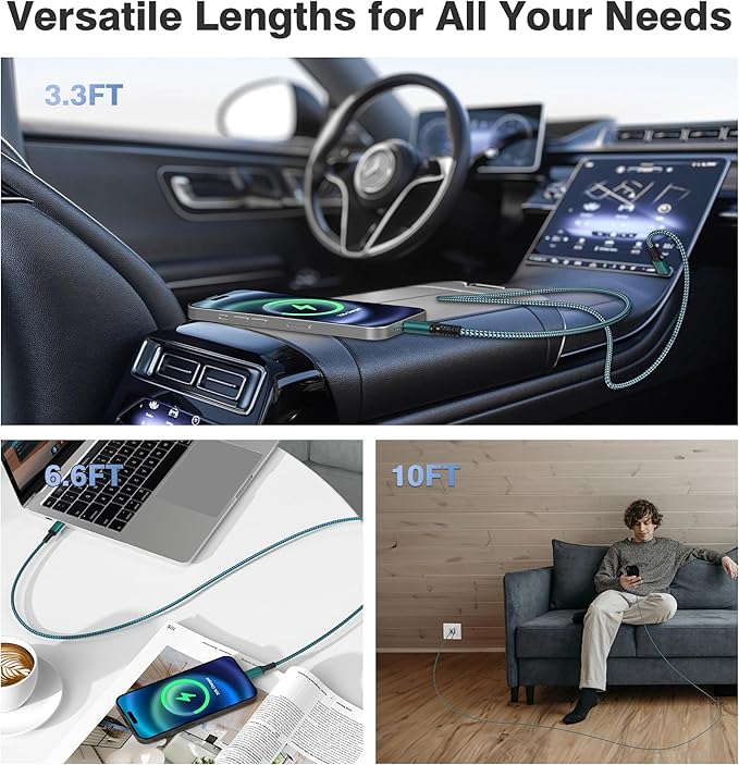 Elebase iPhone Air Charging Cord 3.3/6.6/10FT 3Pack,USB C to Type C,100W Fast Charger USBC Car Carplay Cable for Apple 17 16 16e 15 Pro Max,AirPods 3,iPad Air 4 5,Mini 6,Samsung Galaxy Tab S10 S25