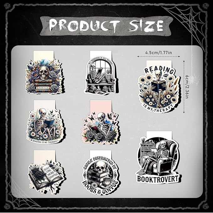 Skeleton Reading Bookmark Magnetic - 8 Pcs Gothic Skeleton Bookmarks Magnets Horror Skull Flower Book Marks Page Magnets Marker Clip Gift for Women Men Students Teacher Book Lovers Reading