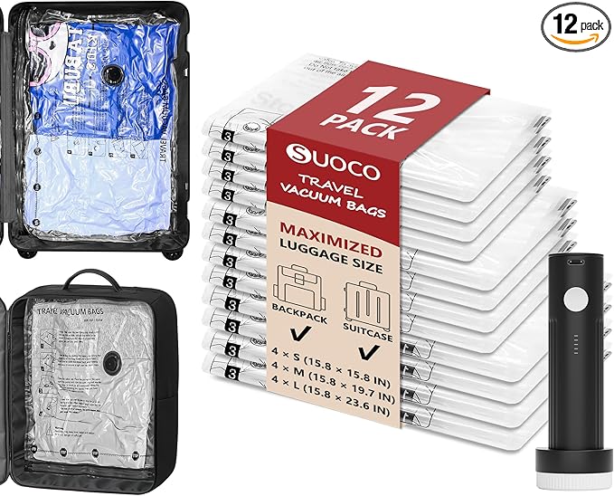 SUOCO Travel Vacuum Seal Bags for Clothing with Rechargeable Electric Pump, 12 Pack Compression Packing Bags for Luggage Suitcase Backpack, Carry-on Size Space Saver Storage