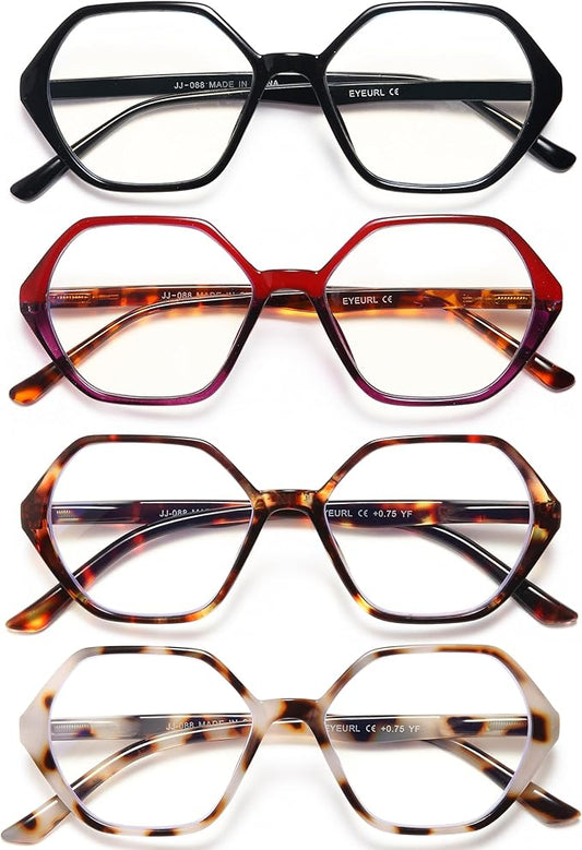 EYEURL 4-Pack Reading Glasses for Women Blue Light Blocking Reading Glasses Vintage Design Diamond-Shaped Frame Spring Hinge Readers for Women Men Anti Glare Filter Lightweight Eyeglasses,0.0