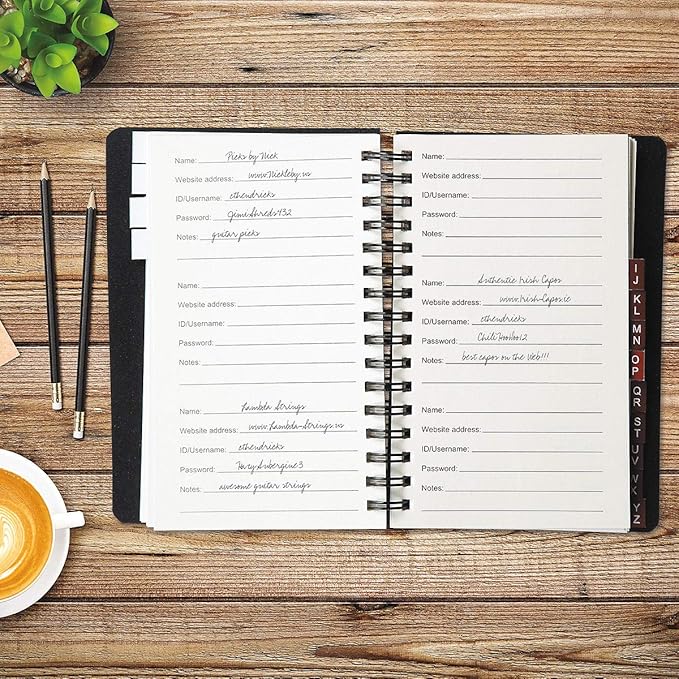 Current Black Password & PIN Keeper Book, 65 Pages, 4.5” x 5 ¾” Size Spiral Bound, Alphabetical Tabs, Plastic Cover Internet Organizer for Offline Website, Login, & Username Storage