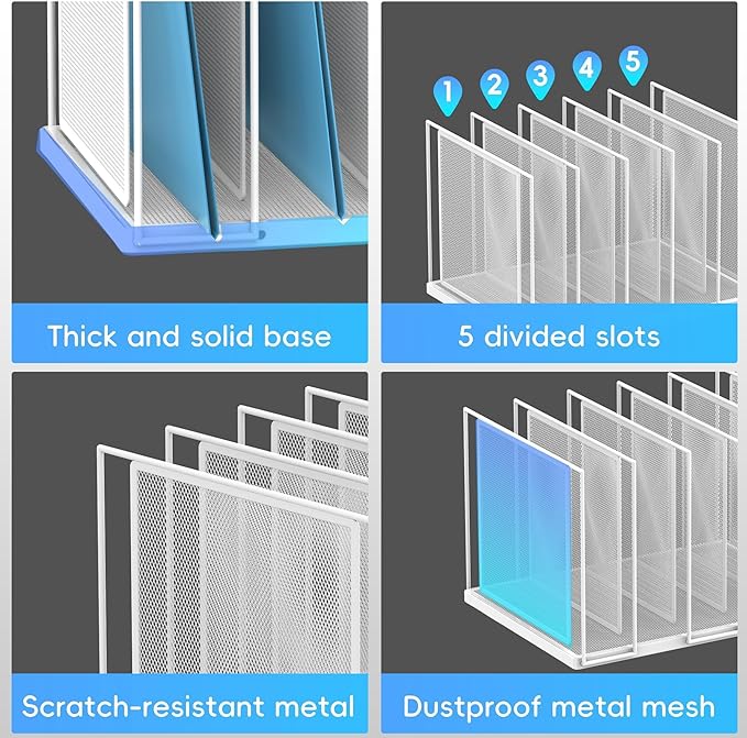 File Organizer for Desk, 5-Section Vertical File Sorter, Paper Holder Organizer Standing Metal File Folder for Office Home Classroom, White