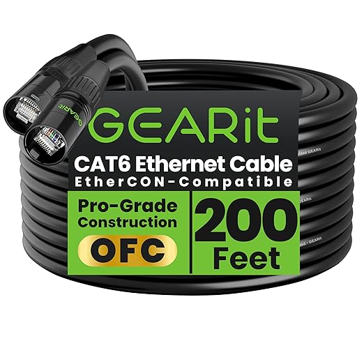 GEARit CAT6 Ethernet Cable, EtherCON-Compatible (200 Feet) RJ45 Connectors for Pro Audio, Aluminum Shielded, Oxygen Free Copper - 200 ft. - Black