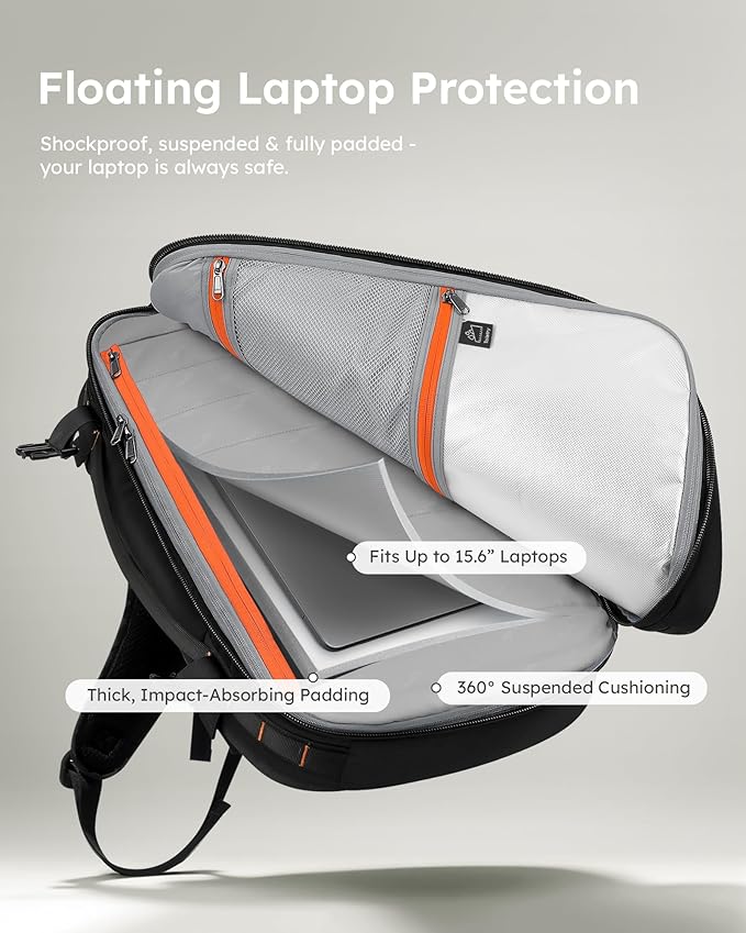 Tolaccea Travel Backpack, TSA Friendly Flight Approved Carry-on Luggage Water-resistant Business Rucksack, Durable Large Computer Bag Daypack Fits 15.6 Inch Laptop, 35-45L Expandable - Black