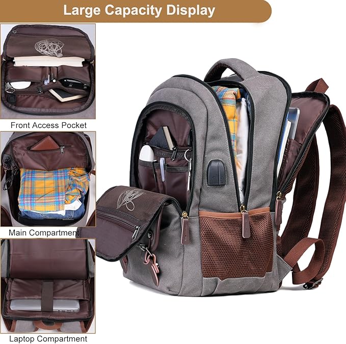 Mactso Canvas Travel Laptop Backpack for Men Women, Business Work Rucksack College Computer Bag Fits 17.3 Inch Notebook,Bookbag with USB Charging Port (Grey, 17.3 Inch)