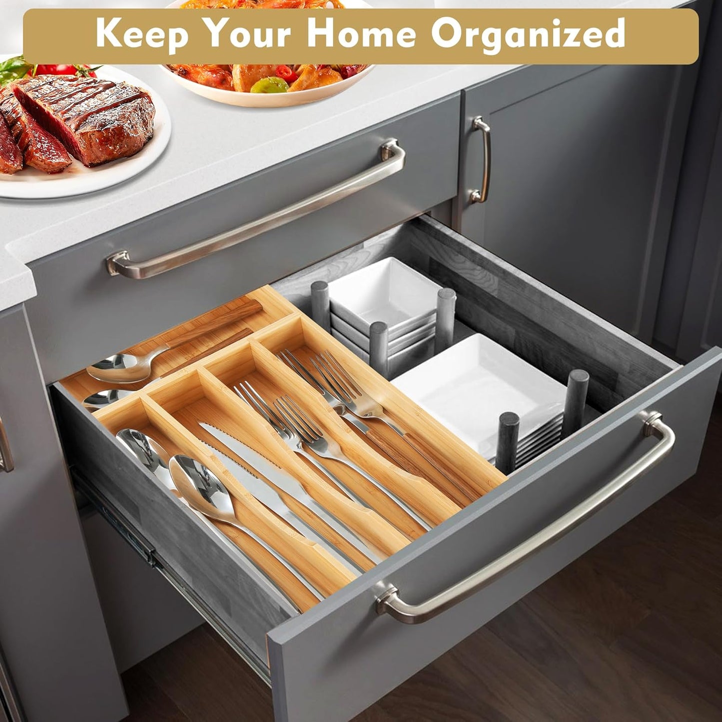Bamboo Kitchen Drawer Organizer, 8.25 Inch Silverware Utensil Holder for Samll Drawer, Silverware Organizer for Cutlery Knives