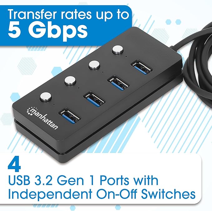 4 Port USB Extension Cable Hub with (5ft Long Cord) – USB 3.2 Powered USB Splitter On/Off Switches – USB Extender/Multiport Adapter for Desktop Computer, Laptop, PC Accessories