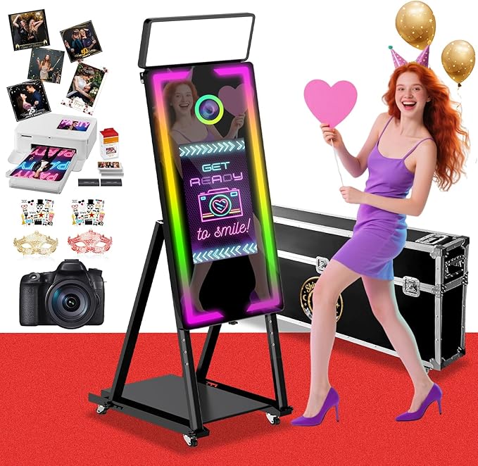 Mirror Photo Booth with Camera and Printer, 40" Magic Mirror Photo Booth, 22" Touch Screen Built-in Mini PC with Instant Print and Sharing, Music Sync Control RGB Light (Black, 45-22" Full Set)
