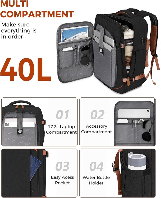Vancropak 40L Travel Backpack for Women & Men, Large Expandable Carry on Backpack for Airplanes with 3 Packing Cubes, Airline Approved Water Resistant Anti Theft Travel Bag fit 17" Laptop, Black Brown