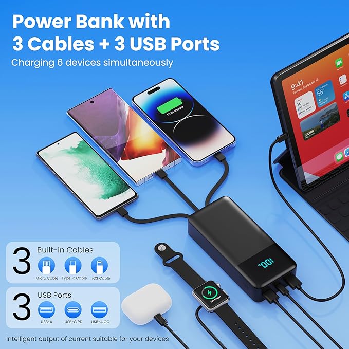 Portable Charger 50800mAh Power Bank with 3 Built-in Cable,25W PD USB C Power Bank Fast Phone Charging,QC4.0 LED Display Portable Battery Pack Compatible with iPhone 17/16/15, Galaxy Android-Black