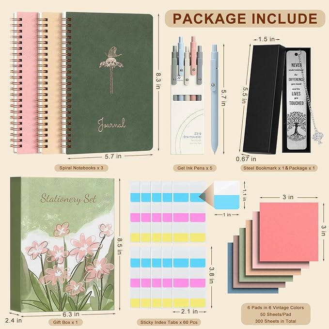 Stationery Gift Set, Bible Journaling Kit with 3PCS A5 Spiral Notebooks, Gel Pens, Steel Bookmark, Sticky Notes & Tabs, Gift Box - Aesthetic Desk Accessories Office Supplies for Women