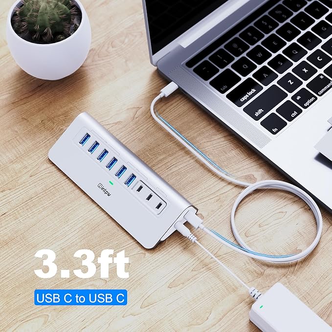 Powered USB Hub 10Gbps, intpw 9-Port USB 3.2 Hub, USB C Hub with USB A/USB C 3.2, 4 USB 3.0, 2 PD 45W Charging Ports, 65W Power Adapter and 3.3FT Cable, Aluminum USB Hub for Laptop, iPhone 16/15, PC