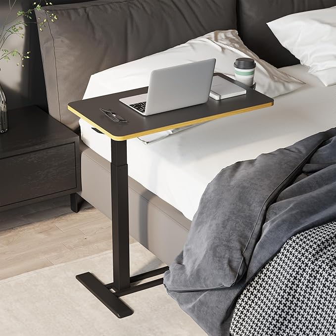 SANODESK Medical Adjustable Overbed Bedside Table with Hidden Casters, Pneumatic Mobile Laptop Computer Standing Desk Cart with Tray, Hospital and Home Use(27.6" W x 15.7" D, Black)