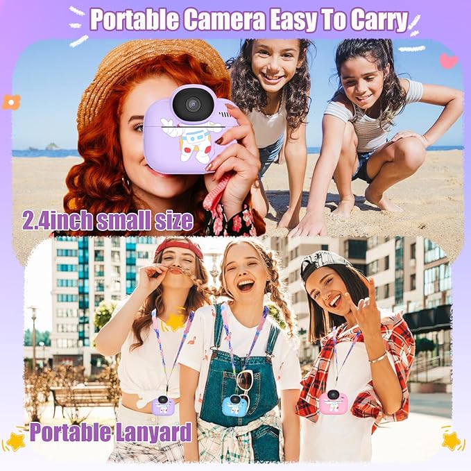 Kids Camera Toys, Instant Print Camera for Kids, Toddler Cameras Christmas Birthday Gifts for Girls Boy,1080P HD Digital Cameras, Portable Travel Toy for 4 5 6 7 8 9 10 Year Girl with SD Card (Purple)